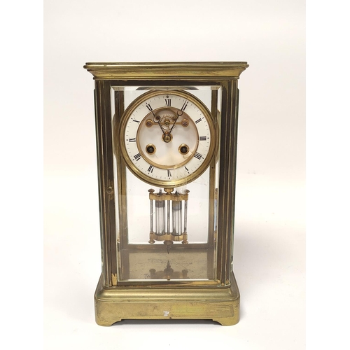 188 - Late 19th century French gilt brass four glass mantel clock, the twin train enamel dial with skeleto... 