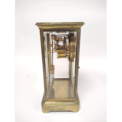 188 - Late 19th century French gilt brass four glass mantel clock, the twin train enamel dial with skeleto... 