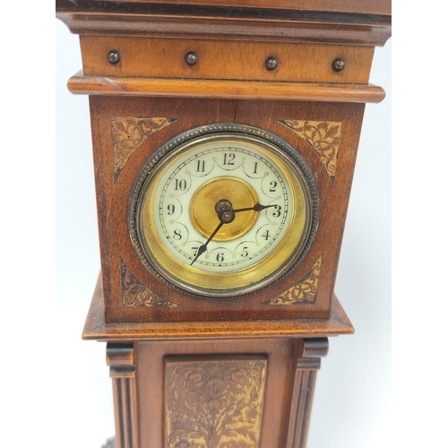 189 - Miniature apprentice mahogany table clock in the form of a longcase clock circa late 19th / early 20... 