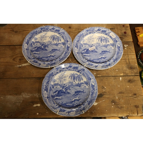 101 - Three Spode blue and white hunting themed side plates.