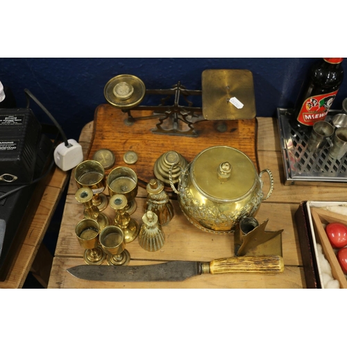 111 - Balance scales on wooden base with associated weights, and other brassware, etc.