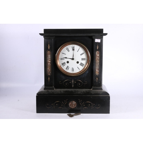 119 - Late Victorian slate mantel clock with marble inlay, 35cm high.