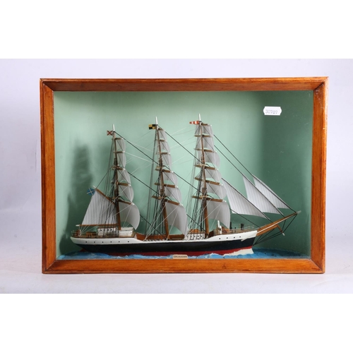 127 - Mid-20th century hand built model of a three masted ship 'The Crusader' in glass display case, 28cm ... 