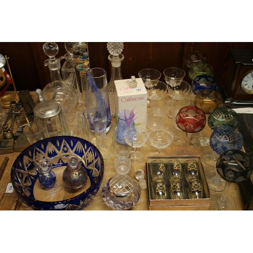 141 - Glassware to include a set of eight flash cut coloured hock glasses, six Elizabeth II tot glasses, b... 