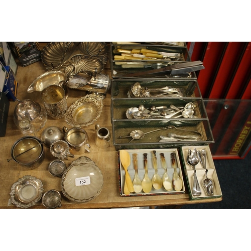 152 - Silver-plated ware to include a trefoil dish, a cream jug, a christening mug, also flatware and a ca... 