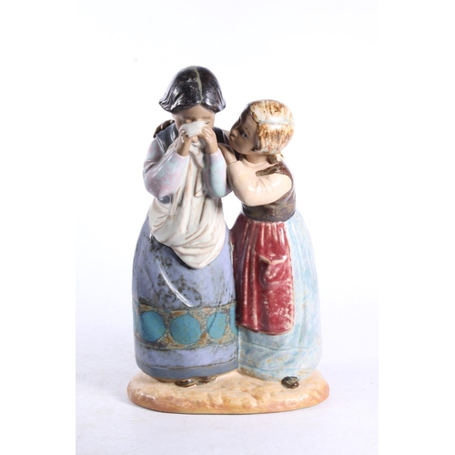 163 - Lladro Gres figurine modelled as two girls, one in tears with blanket, probably number 1326 