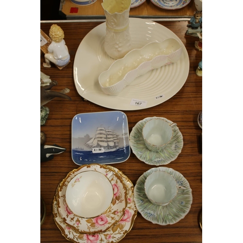 167 - Belleek pink edge shell dish, and a Belleek vase and plate also a Coalport cabbage rose decorated tr... 