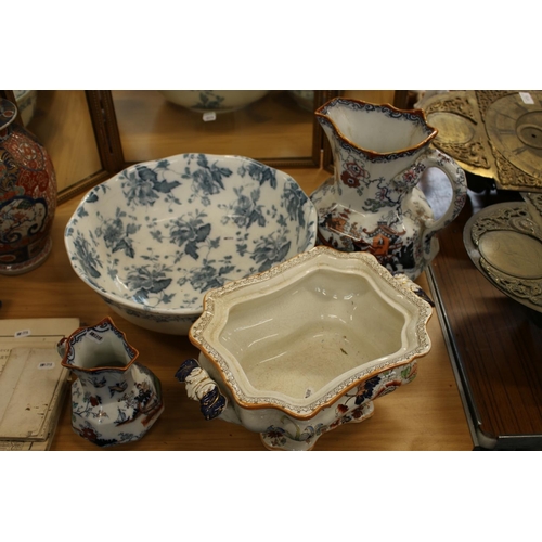 176 - Masons oriental pattern pitcher, another smaller, a transfer printed wash basin, and an Imari soup t... 