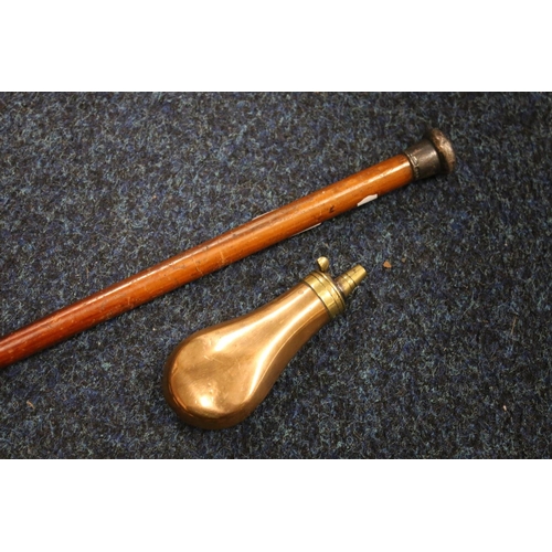 179 - Silver topped Malacca walking cane and a copper powder flask.