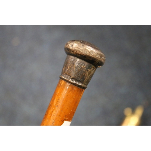 179 - Silver topped Malacca walking cane and a copper powder flask.