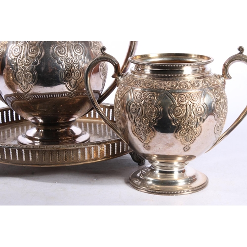 199 - Late Victorian three-piece silver plated teaset with later tray.