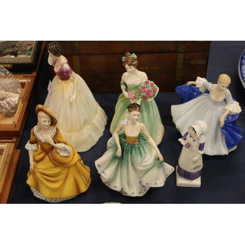 75 - Six porcelain figurines to include Royal Doulton Miranda, Happy Birthday, Dulcie, etc.