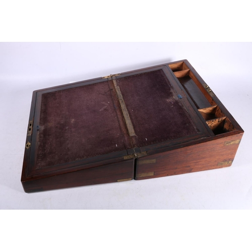 76 - Victorian rosewood and brass bound writing slope, 35cm wide.