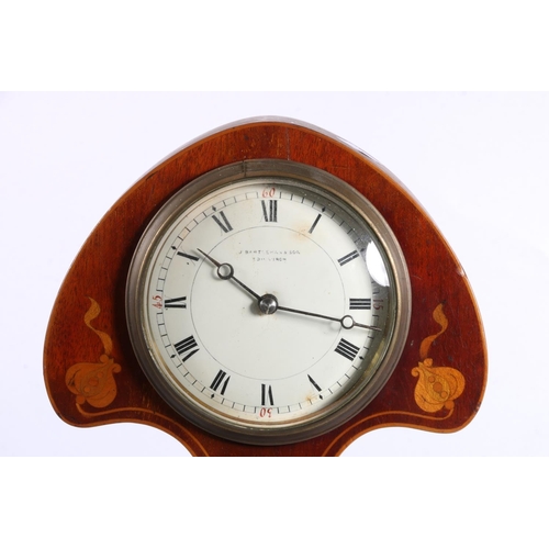 86 - Edwardian mahogany Art Nouveau mantel clock with satinwood inlay, 26cm high.