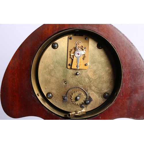 86 - Edwardian mahogany Art Nouveau mantel clock with satinwood inlay, 26cm high.