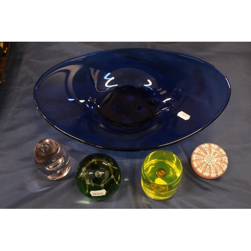 93 - Glassware to include a blue glass dish, a Scottish millefiori paperweight, a Caithness green paperwe... 