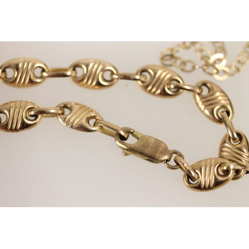 500 - 9ct gold fancy link bracelet together with two 9ct gold chains, 9.8g