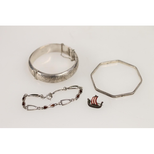 501 - Hallmarked silver half engraved bangle together with angular silver bangle, Scandinavian silver and ... 