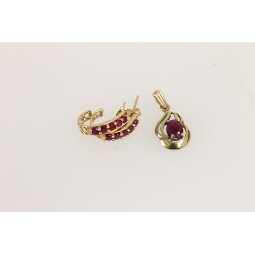 514 - Pair of 14ct and ruby earrings together with a yellow metal and oval ruby pendant, gross 3.3g