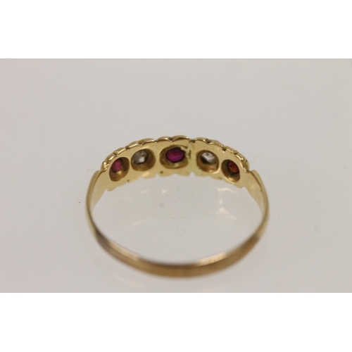 515 - Edwardian yellow metal ruby and diamond five stone ring (resized, hallmark missing), size N/O, 1.9g