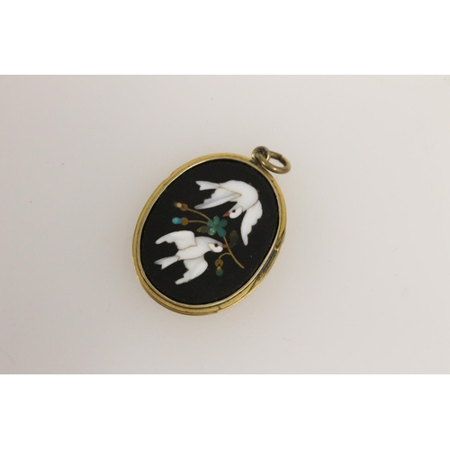 523 - Victorian Italian yellow metal and pietra dura locket pendant, inlaid with two doves and branch (mis... 