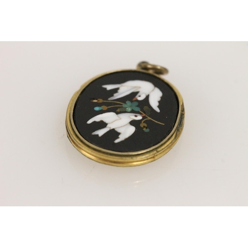 523 - Victorian Italian yellow metal and pietra dura locket pendant, inlaid with two doves and branch (mis... 