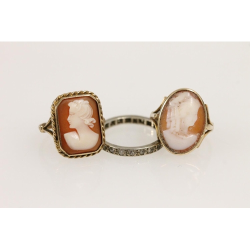 524 - Two 9ct gold shell cameo rings and a base metal ring with glass stones, gold rings weigh 7.6g