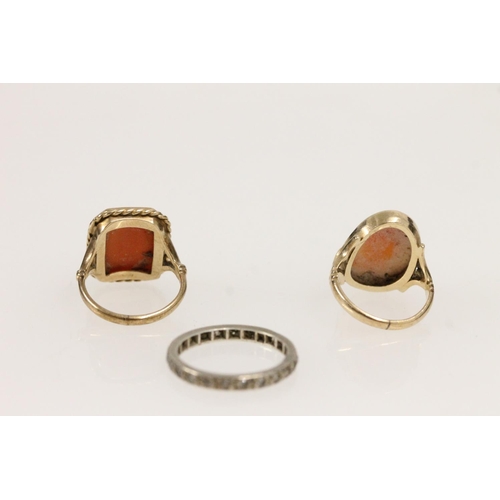 524 - Two 9ct gold shell cameo rings and a base metal ring with glass stones, gold rings weigh 7.6g