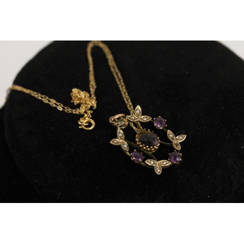 532 - Edwardian 9ct gold amethyst and seed pearl pendant on yellow metal chain, pendant H3cm to top of bal... 