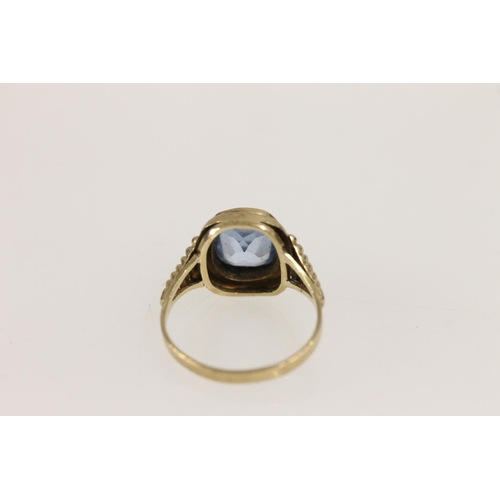 533 - Yellow metal ring (hallmark indistinct) set with cushion cut aquamarine/blue zircon, size O, 2.5g