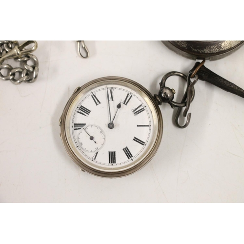 565 - Victorian c1880s silver pocket watch, Waltham rolled gold pocket watch, two white metal alberts, gun... 