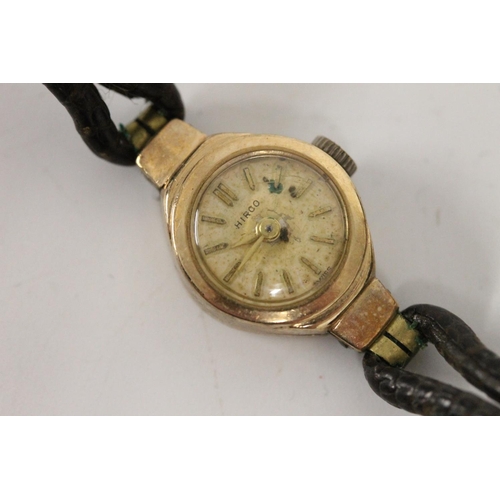 572 - Hirco 9ct gold ladies wristwatch on leather strap