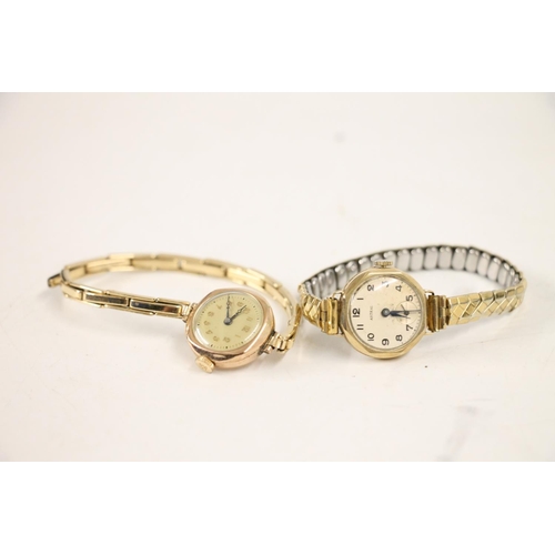 574 - Two ladies vintage 9ct gold wristwatches on rolled gold/base metal bracelets