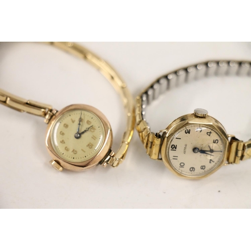 574 - Two ladies vintage 9ct gold wristwatches on rolled gold/base metal bracelets