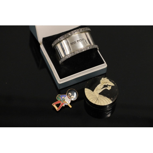 590 - Hallmarked silver napkin ring in Robert Stewart of Glasgow case, together with an art deco painted w... 