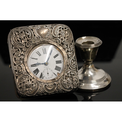 591 - Goliath type oversized 8 day pocket watch in hallmarked silver frame case with easel back, together ... 