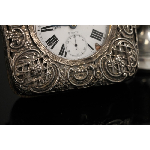 591 - Goliath type oversized 8 day pocket watch in hallmarked silver frame case with easel back, together ... 