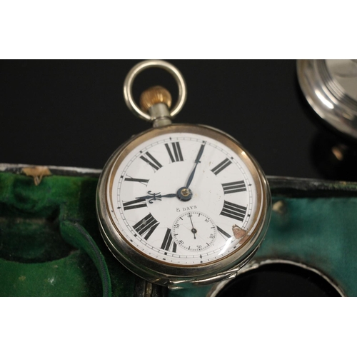 591 - Goliath type oversized 8 day pocket watch in hallmarked silver frame case with easel back, together ... 