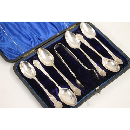 595 - Six silver teaspoons and sugar tongs in case (non-matching set), 99g