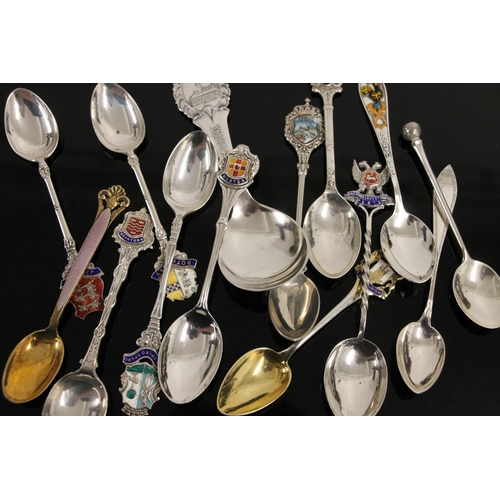 597 - Hallmarked sterling silver and enamel souvenir teaspoons, small selection of continental 0.800 to 0.... 