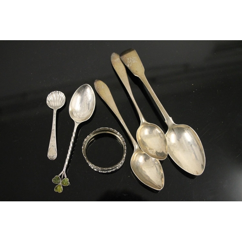 605 - Hallmarked silver teaspoons, a sugar spoon, and a napkin ring, 58g.