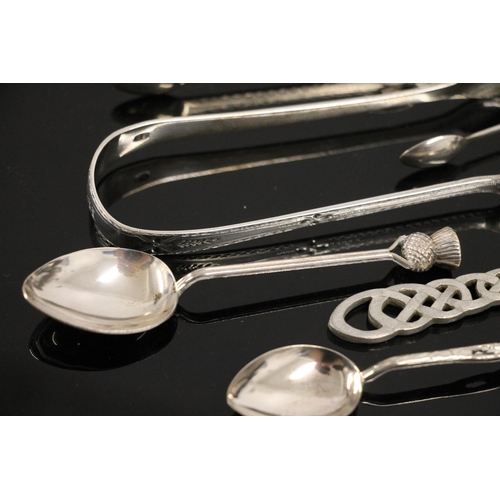 613 - Pair of hallmarked George IV bright cut silver sugar tongs, other British and continental silver spo... 