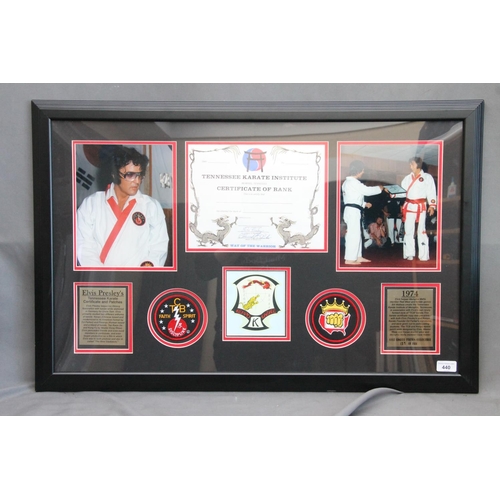 440 - Framed Elvis Presley display with photographs, karate certificate, cloth badges etc. limited edition... 