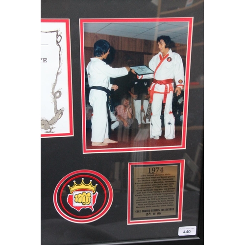 440 - Framed Elvis Presley display with photographs, karate certificate, cloth badges etc. limited edition... 