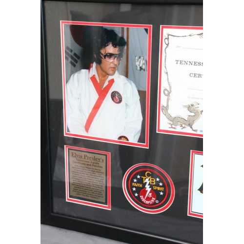 440 - Framed Elvis Presley display with photographs, karate certificate, cloth badges etc. limited edition... 