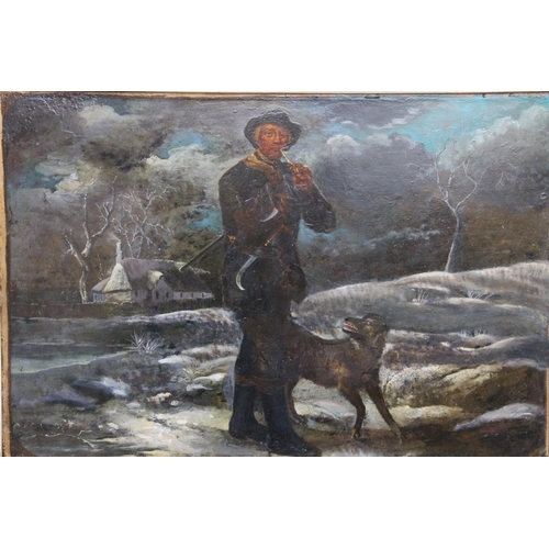 448 - After TOM BARKER (1769-1847), Woodman and His Dog, oil painting on tin plate panel, unsigned, attrib... 