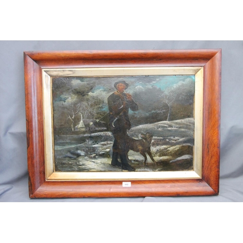 448 - After TOM BARKER (1769-1847), Woodman and His Dog, oil painting on tin plate panel, unsigned, attrib... 