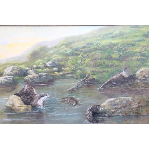 450 - A W ARNOLD (Wildlife artist based in Bournemouth), Otter Pool, oil painting on board, signed and dat... 