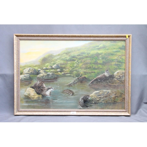 450 - A W ARNOLD (Wildlife artist based in Bournemouth), Otter Pool, oil painting on board, signed and dat... 