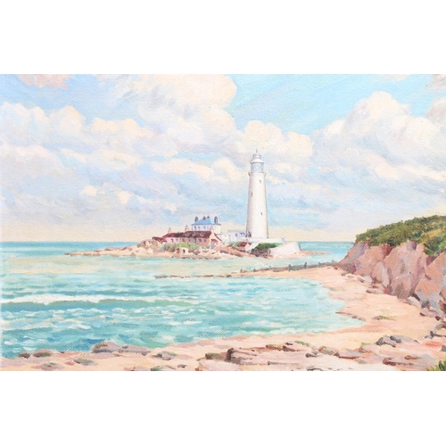 453 - THOMAS A SCURFIELD, island lighthouse, possibly St Mary's Lighthouse Whitley Bay, oil painting on bo... 